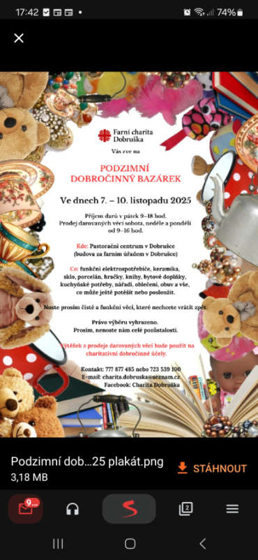 Dobročinný bazárek Dobruška 7.-10.11.2025